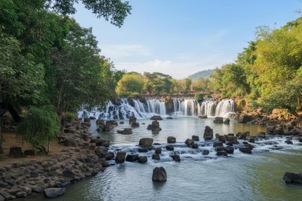 Dòng thác hiền hòa, không gian xanh mát, thích hợp cho dã ngoại, tắm mát, chèo thuyền thư giãn.